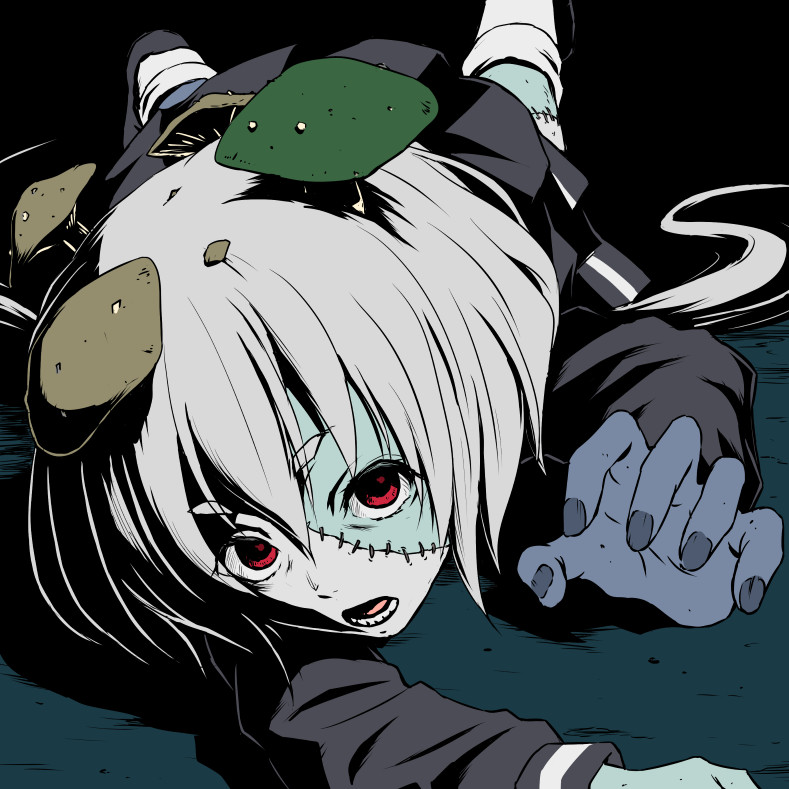 black_footwear claw_pose hair_between_eyes iga_tomoteru konno_junko long_hair low_twintails mushroom open_mouth reaching_out red_eyes school_uniform silver_hair solo stitches twintails white_legwear zombie zombie_land_saga