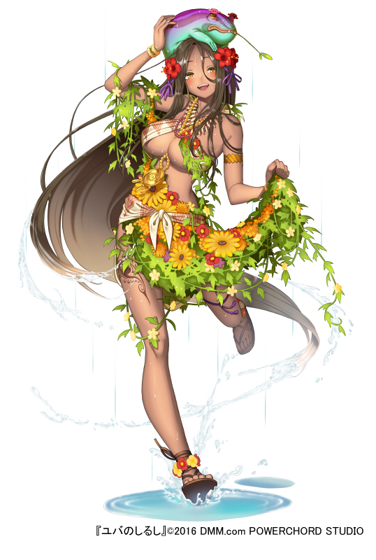 :d animal animal_on_head arm_up armlet bare_shoulders blush breasts brown_eyes brown_hair cleavage dark_skin flower flower_skirt frog full_body hair_flower hair_ornament hair_ribbon jewelry large_breasts long_hair looking_at_viewer medallion midriff necklace official_art on_head open_mouth puddle purple_ribbon ribbon sandals simple_background skirt skirt_lift smile solo splashing standing standing_on_one_leg very_long_hair white_background wristband yuba_no_shirushi zenmaibook
