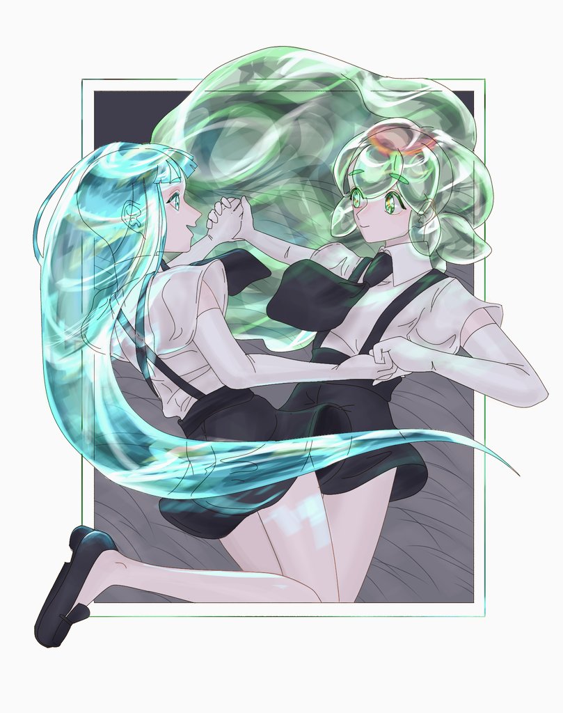 androgynous aqua_eyes aqua_hair bangs blue_eyes blue_hair blunt_bangs commentary_request crystal_hair dancing elbow_gloves eyebrows_visible_through_hair gem_uniform_(houseki_no_kuni) gloves green_eyes green_hair hemimorphite_(houseki_no_kuni) holding_hands houseki_no_kuni jtmpadn long_hair looking_at_another multicolored_hair multiple_others necktie smile suspenders watermelon_tourmaline_(houseki_no_kuni)