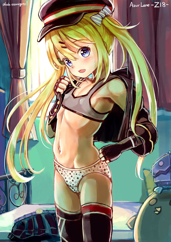 azur_lane backlighting bed bedroom black_gloves black_hat black_jacket black_legwear black_skirt blonde_hair blue_eyes bra breasts cabbie_hat character_name commentary_request copyright_name cowboy_shot crotch_seam curtains dada_(esoragoto) dressing fang gloves grey_bra hair_ornament hairclip hat head_tilt indoors italian_flag jacket light_blush long_hair looking_at_viewer navel no_pants off_shoulder open_mouth panties pleated_skirt print_legwear print_panties ribs skirt skirt_removed small_breasts smile solo standing star star_print thighhighs thighs training_bra twintails underwear white_panties window z18_(azur_lane)