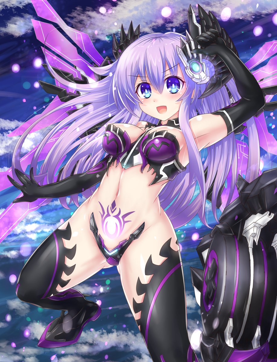 bare_shoulders blue_eyes breasts bustier cleavage cowboy_shot crotch_plate elbow_gloves gloves hair_ornament highres kazuneko_(wktk1024) long_hair mechanical_wings medium_breasts midriff navel nepgear nepnep_connect:_chaos_chanpuru neptune_(series) open_mouth outdoors pubic_tattoo purple_hair purple_sister purple_sister_(chaos_form) revealing_clothes smile solo stomach symbol-shaped_pupils tattoo thighhighs wings
