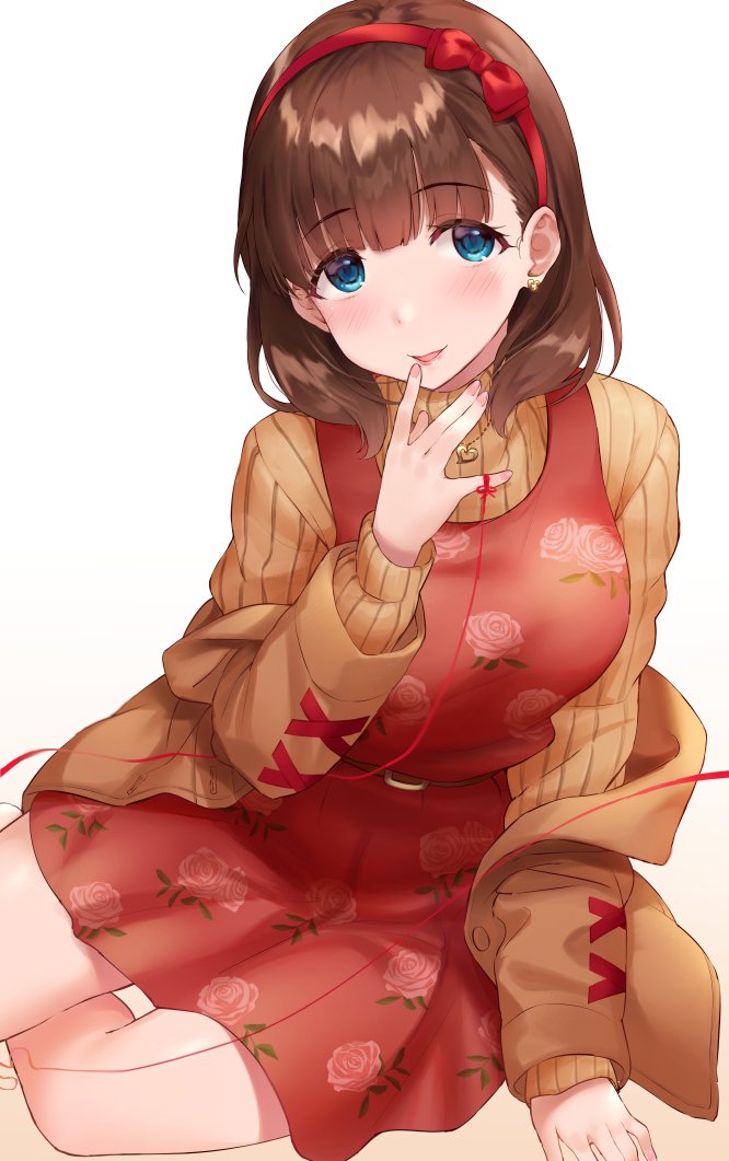 bangs blue_eyes blush bow breasts brown_hair brown_jacket brown_sweater bvucki36gzoeq1c commentary_request dress earrings eyebrows_visible_through_hair floral_print hairband heart heart_necklace idolmaster idolmaster_cinderella_girls jacket jewelry long_sleeves looking_at_viewer open_clothes open_jacket open_mouth parted_lips red_dress red_ribbon ribbed_sweater ribbon sakuma_mayu short_hair simple_background sitting smile solo sweater thighs turtleneck white_background