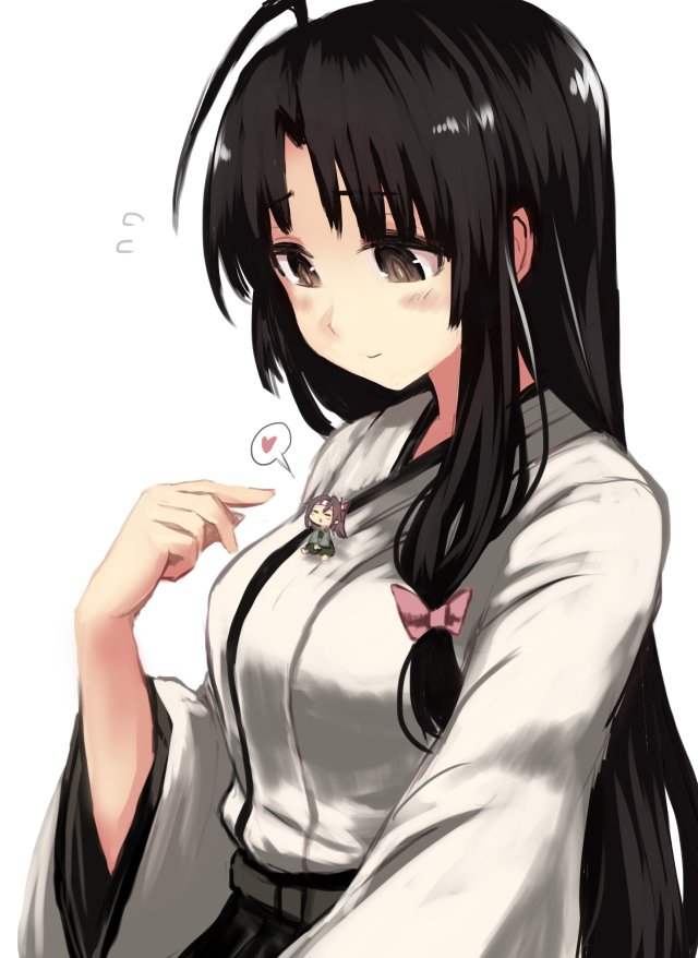 ahoge black_hair blush breasts brown_eyes brown_hair camouflage chibi closed_eyes closed_mouth giantess green_skirt headband heart japanese_clothes kantai_collection kimono long_hair looking_down medium_breasts minigirl multiple_girls ponytail remodel_(kantai_collection) shouhou_(kantai_collection) simple_background sitting sitting_on_person size_difference skirt smile spoken_heart tied_hair upper_body utopia white_background white_kimono wide_sleeves zuihou_(kantai_collection)