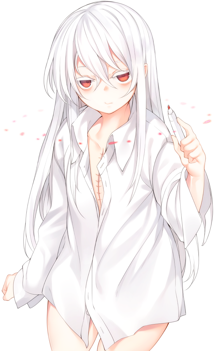 bangs borrowed_character commentary_request dress_shirt hair_between_eyes highres holding_marker long_hair long_sleeves looking_at_viewer marker naked_shirt original red_eyes scar shiroi_ko_(otokuyou) shirt simple_background solo stitches tsunekichi unbuttoned unbuttoned_shirt white_background white_hair white_shirt