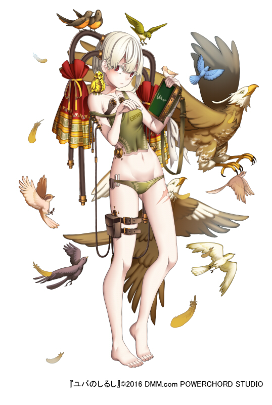 animal animal_on_shoulder bare_shoulders barefoot bird bird_on_hand bird_on_shoulder blue_bird breasts chalk eagle feathers full_body green_panties green_shirt hair_ornament hand_up looking_at_viewer navel official_art panties pouch red_eyes scar shirt short_hair simple_background small_breasts solo standing strap_slip tattoo thigh_strap underwear white_background white_hair yuba_no_shirushi zenmaibook