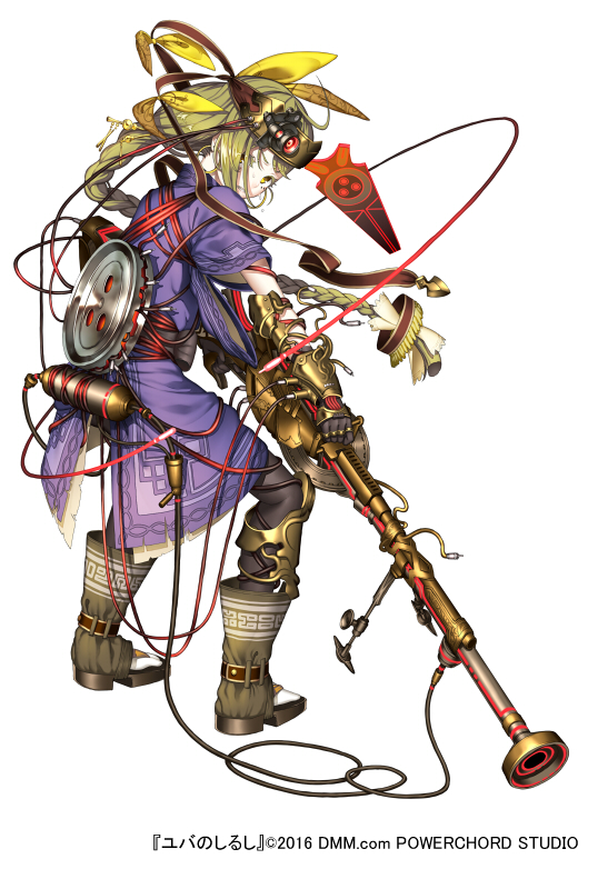 black_gloves bow braid braided_ponytail brown_eyes brown_footwear earrings full_body gloves hair_ornament holding holding_weapon jewelry knee_pads long_hair looking_at_viewer official_art simple_background solo standing very_long_hair visor_lift weapon white_background yellow_bow yuba_no_shirushi zenmaibook