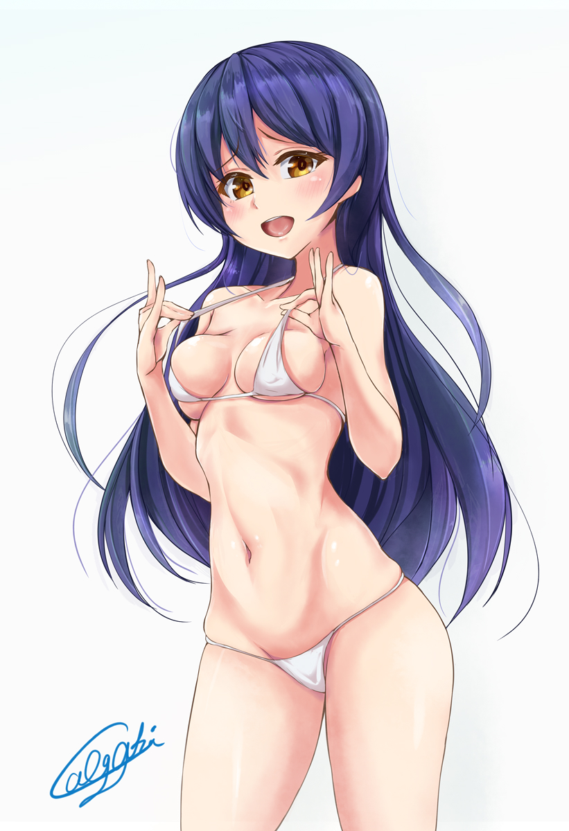 bikini blue_hair breasts ca_ba_ya_ki collarbone commentary_request cowboy_shot highres long_hair looking_at_viewer love_live! love_live!_school_idol_project lowleg lowleg_bikini medium_breasts navel open_mouth signature simple_background smile solo sonoda_umi standing swimsuit white_background white_bikini yellow_eyes