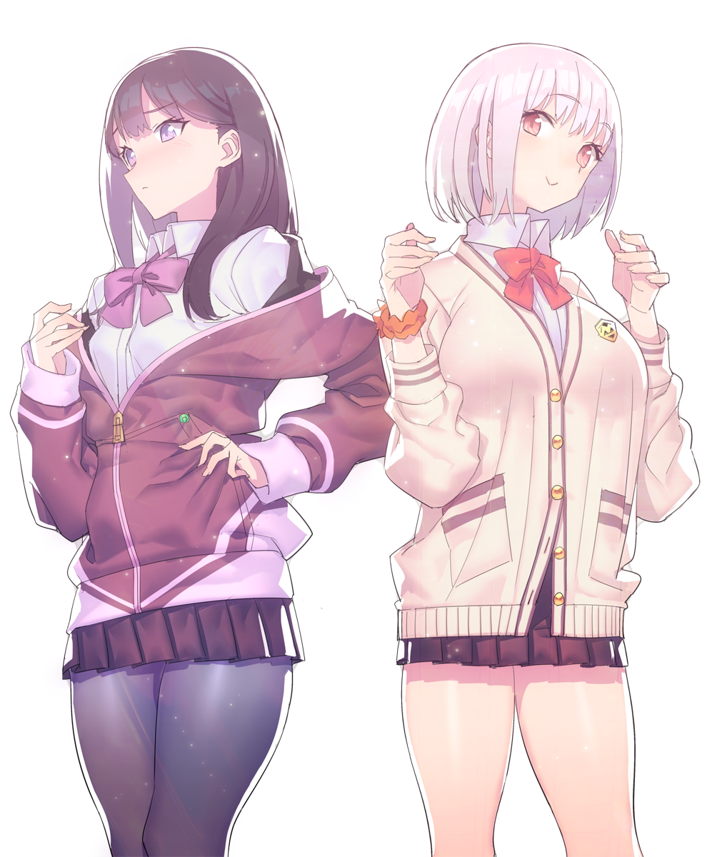 bangs black_hair black_skirt blue_eyes blush bow bowtie breasts buttons cardigan closed_mouth collared_shirt commentary_request cosplay costume_switch hand_on_hip highres hips jacket large_breasts lavender_hair long_hair long_sleeves mckeee miniskirt multiple_girls off_shoulder open_clothes open_jacket orange_scrunchie pantyhose pleated_skirt purple_bow purple_jacket purple_neckwear red_bow red_neckwear school_uniform scrunchie shinjou_akane shinjou_akane_(cosplay) shirt simple_background skirt small_breasts smile ssss.gridman sweater takarada_rikka takarada_rikka_(cosplay) thighs white_background white_shirt white_sweater wrist_scrunchie zipper_pull_tab