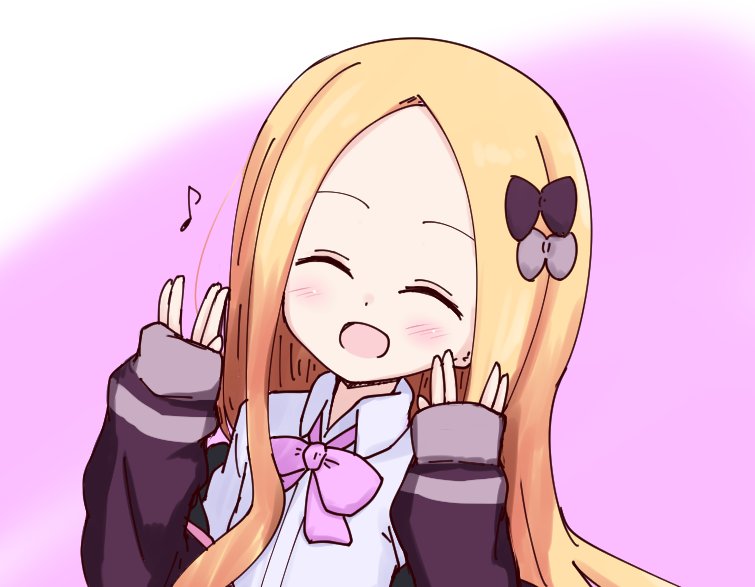 :d ^_^ abigail_williams_(fate/grand_order) bangs blonde_hair blush bow closed_eyes collared_shirt commentary_request cosplay eighth_note facing_viewer fate/grand_order fate_(series) forehead gradient gradient_background hair_bow hands_up jacket kujou_karasuma long_hair long_sleeves musical_note open_mouth parted_bangs pink_background pink_bow purple_bow purple_jacket salute shinjou_akane shinjou_akane_(cosplay) shirt sleeves_past_wrists smile solo ssss.gridman vulcan_salute white_background white_shirt