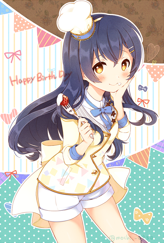 bangs blue_hair blush chef_hat commentary_request cowboy_shot food food_on_face fork fruit hair_between_eyes hair_ornament hairclip hand_on_own_cheek hand_on_own_face happy_birthday hat holding holding_fork long_hair looking_at_viewer love_live! love_live!_school_idol_festival love_live!_school_idol_project mini_hat neck_ribbon ribbon sakuramochi_n shorts smile solo sonoda_umi strawberry yellow_eyes