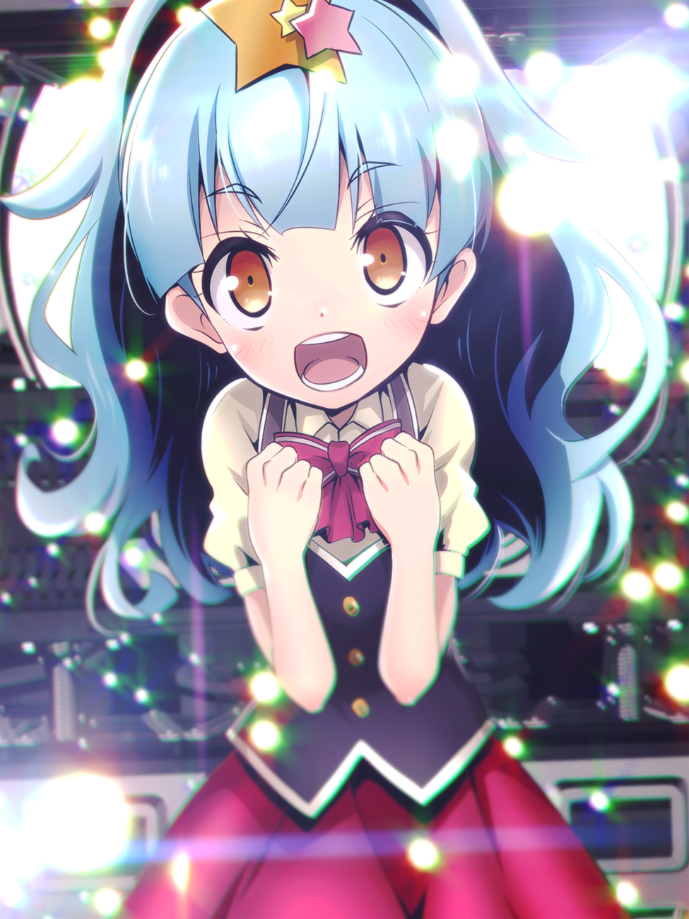 blue_hair blush bow bowtie chromatic_aberration clenched_hands commentary hair_ornament highres hoshikawa_lily idol open_mouth orange_eyes short_sleeves skirt smile solo star star_hair_ornament tom_(drpow) twintails zombie_land_saga