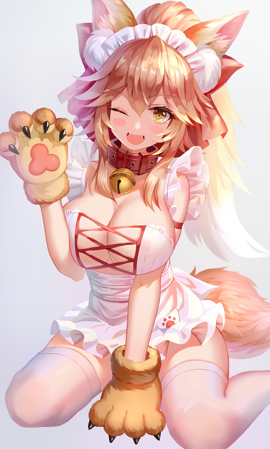 aaeru animal_ears apron bangs bell bell_collar blonde_hair blush_stickers breasts claws cleavage collar eyebrows_visible_through_hair fangs fate/grand_order fate_(series) fox_ears fox_tail gradient gradient_background gradient_hair grey_background head_tilt highres jingle_bell large_breasts long_hair looking_at_viewer maid_apron maid_headdress multicolored_hair open_mouth paws pink_hair ponytail red_collar sitting smile solo tail tamamo_(fate)_(all) tamamo_cat_(fate) thighhighs wariza white_hair white_legwear yellow_eyes