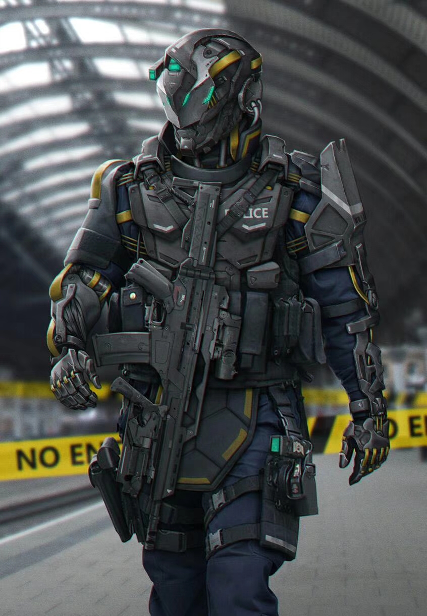 blurry blurry_background body_armor caution_tape cowboy_shot cyberpunk exoskeleton g36 gun helmet highres holster indoors jpeg_artifacts leo837 load_bearing_vest long_sleeves looking_to_the_side mask original pants police power_armor rifle science_fiction solo standing thigh_holster walking weapon