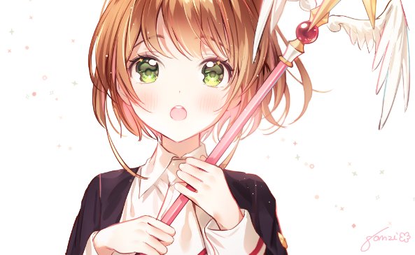 :o blush brown_hair cardcaptor_sakura floating_hair gomzi green_eyes holding holding_staff kinomoto_sakura looking_at_viewer necktie school_uniform short_hair signature solo staff tomoeda_middle_school_uniform upper_body white_background white_neckwear yume_no_tsue