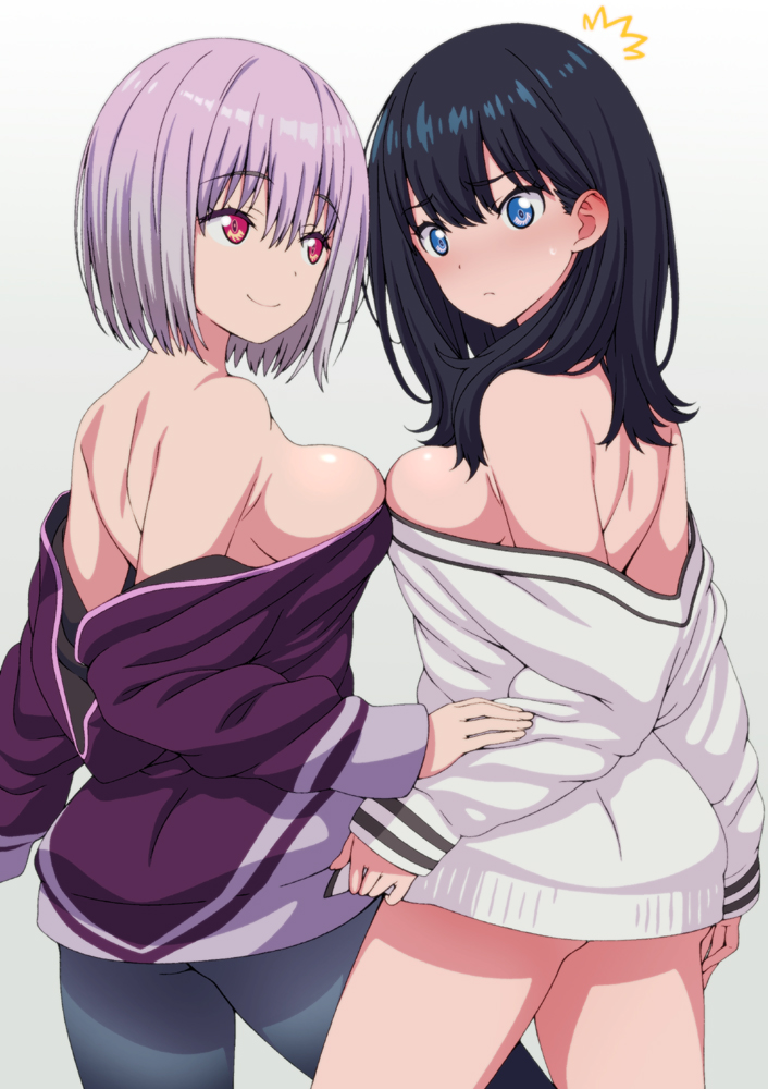 2girls ass asymmetrical_docking bare_shoulders black_hair black_legwear blue_eyes blush breast_press breasts closed_mouth commentary_request eyebrows_visible_through_hair gradient gradient_background grey_background isse lavender_hair long_sleeves looking_at_another medium_breasts multiple_girls pantyhose red_eyes shinjou_akane short_hair smile ssss.gridman takarada_rikka white_cardigan