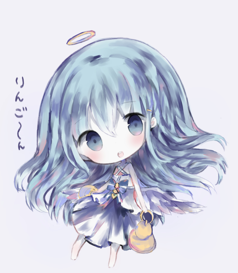 :d bangs bare_arms bare_shoulders barefoot bell bellringer_angel blue_eyes blue_hair blush chibi commentary_request cottontailtokki criss-cross_halter dress eyebrows_visible_through_hair feathered_wings full_body grey_background hair_between_eyes halo halterneck head_tilt holding holding_bell low_wings open_mouth shadowverse simple_background smile solo translation_request upper_teeth white_dress white_wings wings