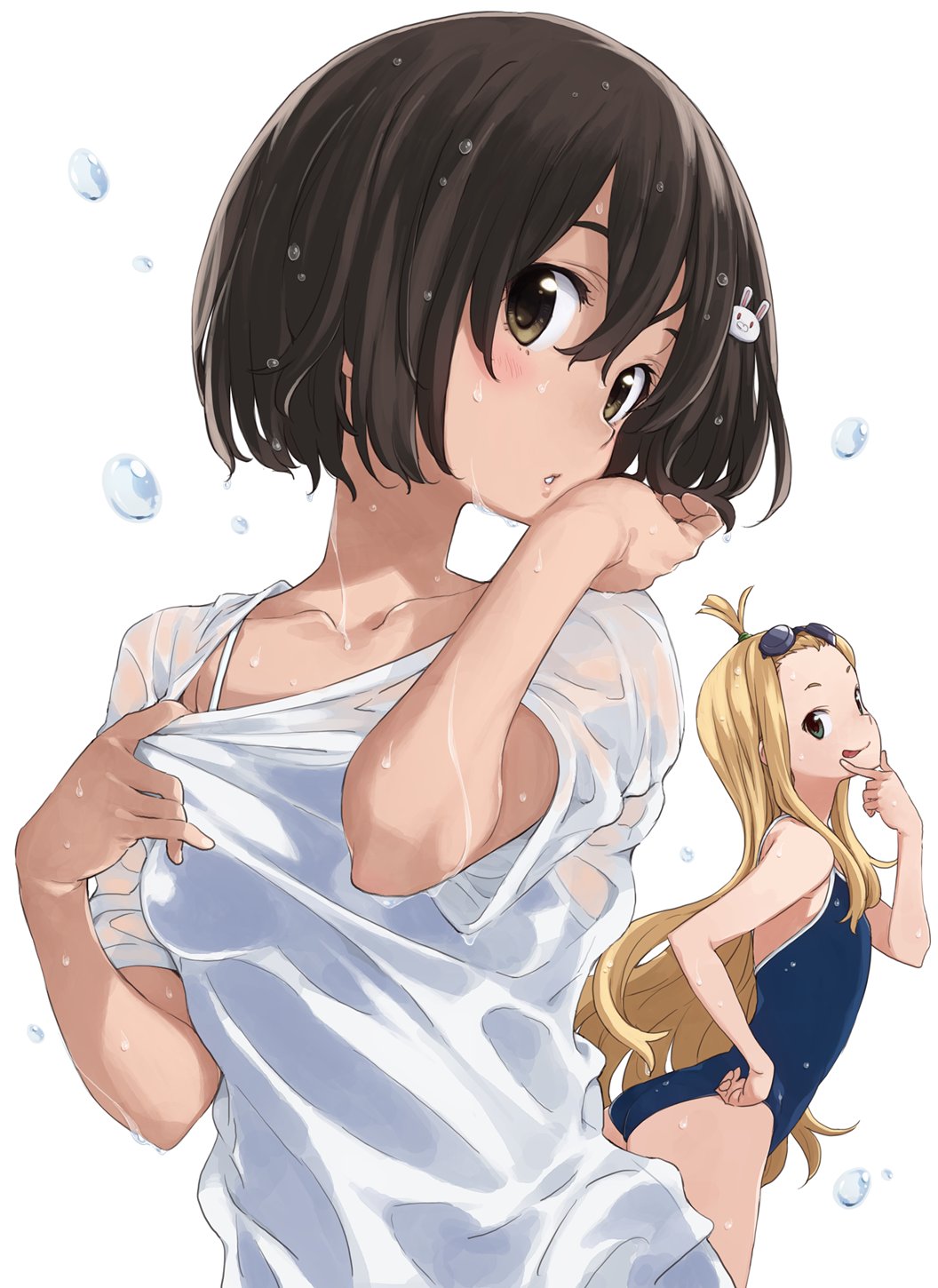 black_hair blonde_hair blue_swimsuit bra_strap breasts brown_eyes colette_(kono_bijutsubu_niwa_mondai_ga_aru!) collarbone eyewear_on_head green_eyes hand_on_hip head_tilt highres imigimuru kono_bijutsubu_niwa_mondai_ga_aru! leaning_forward long_hair looking_at_viewer multiple_girls one_side_up parted_lips school_swimsuit shirt short_hair short_sleeves simple_background small_breasts swimsuit tongue tongue_out usami_mizuki very_long_hair wet wet_clothes wet_shirt white_background white_shirt