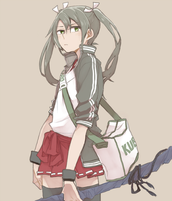 closed_mouth commentary_request double_vertical_stripe green_eyes green_hair hakama_skirt holding jacket kantai_collection light_blush long_hair long_sleeves looking_at_viewer open_clothes open_jacket ree_(re-19) romaji solo translation_request twintails zuikaku_(kantai_collection)