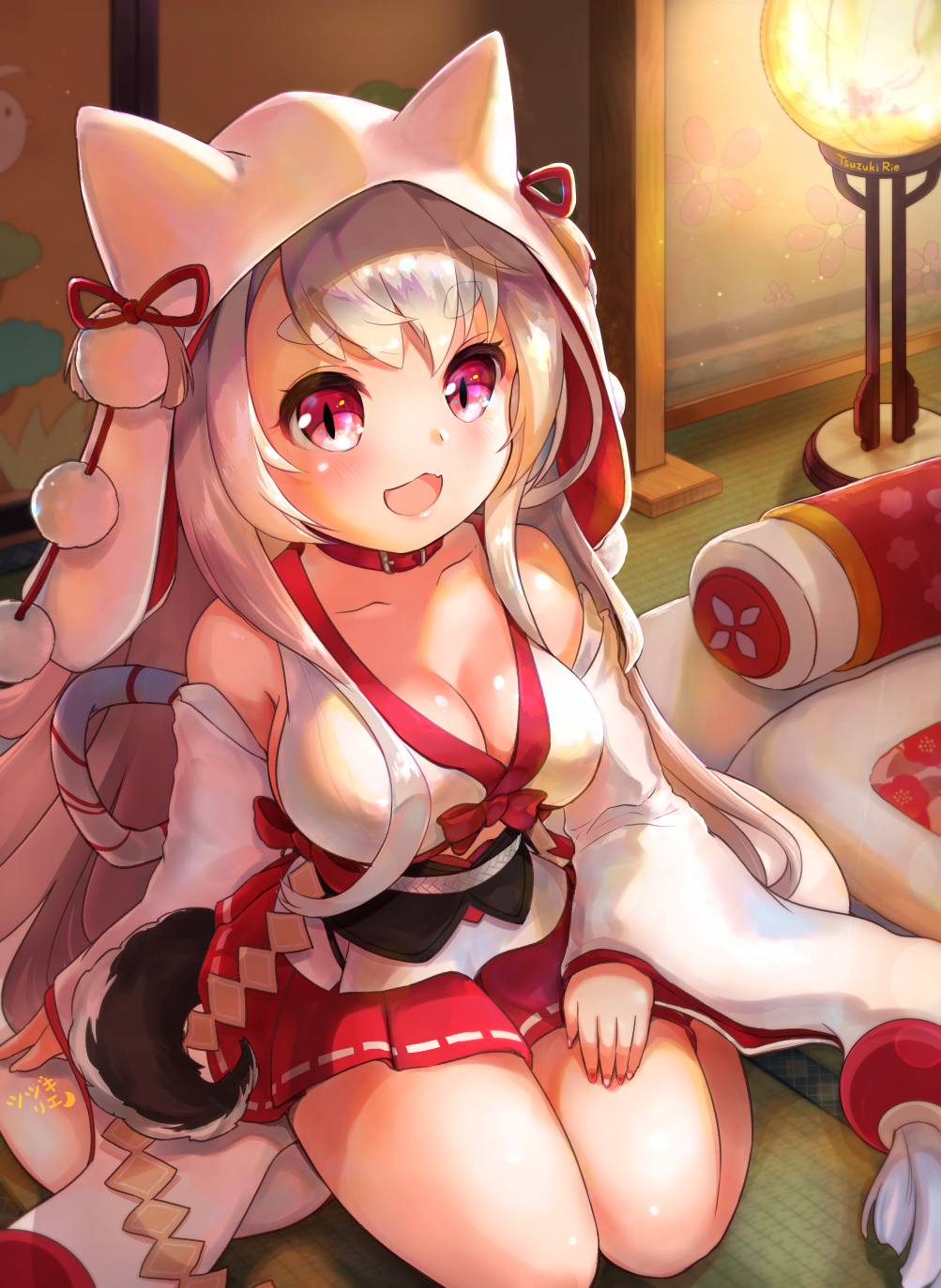 animal_hood azur_lane bangs belt bow breasts choker cleavage commentary_request detached_sleeves dress eyebrows_visible_through_hair futon grey_hair highres hood japanese_clothes lamp lap_pillow long_hair multicolored multicolored_nails nail_polish open_mouth pleated_skirt red_belt red_bow red_eyes red_skirt short_eyebrows sitting skirt slit_pupils tail tatami thick_eyebrows thighs tsuzuki_rie wedding_dress wolf_tail yokozuwari yuudachi_(azur_lane)