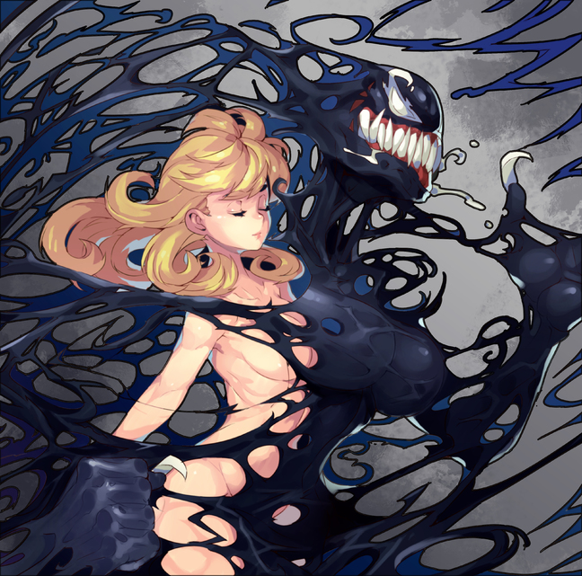 ann_weying bangs blonde_hair breasts claws closed_eyes closed_mouth collarbone convenient_censoring cowboy_shot fengmo large_breasts long_hair marvel nude ribs saliva sharp_teeth she-venom spider-man_(series) symbiote teeth
