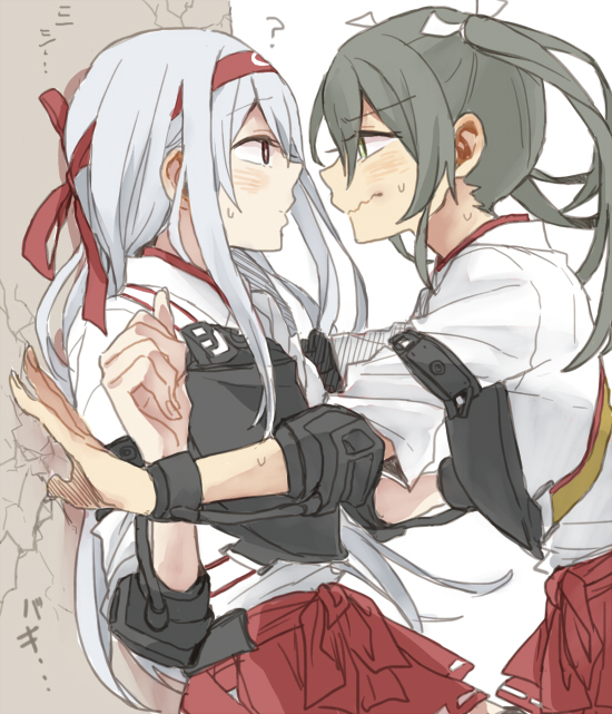 ? against_wall bangs blush closed_mouth commentary_request couple cracked_wall eye_color_request eye_contact furrowed_eyebrows green_hair grey_hair hair_ribbon hakama_skirt imminent_kiss kantai_collection large_hands long_hair looking_at_another multiple_girls muneate nape profile ree_(re-19) ribbon shoukaku_(kantai_collection) surprised_arms sweat translation_request twintails wall_slam wavy_mouth white_ribbon yuri zuikaku_(kantai_collection)