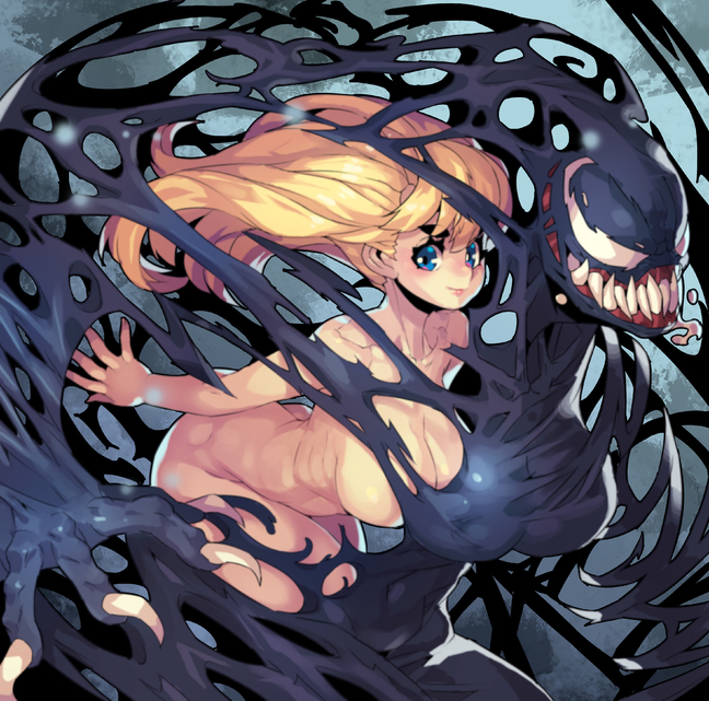 ann_weying bangs blonde_hair blue_eyes breasts claws closed_mouth collarbone convenient_censoring cowboy_shot fengmo large_breasts long_hair looking_at_viewer marvel nude ribs saliva sharp_teeth she-venom smile spider-man_(series) symbiote teeth