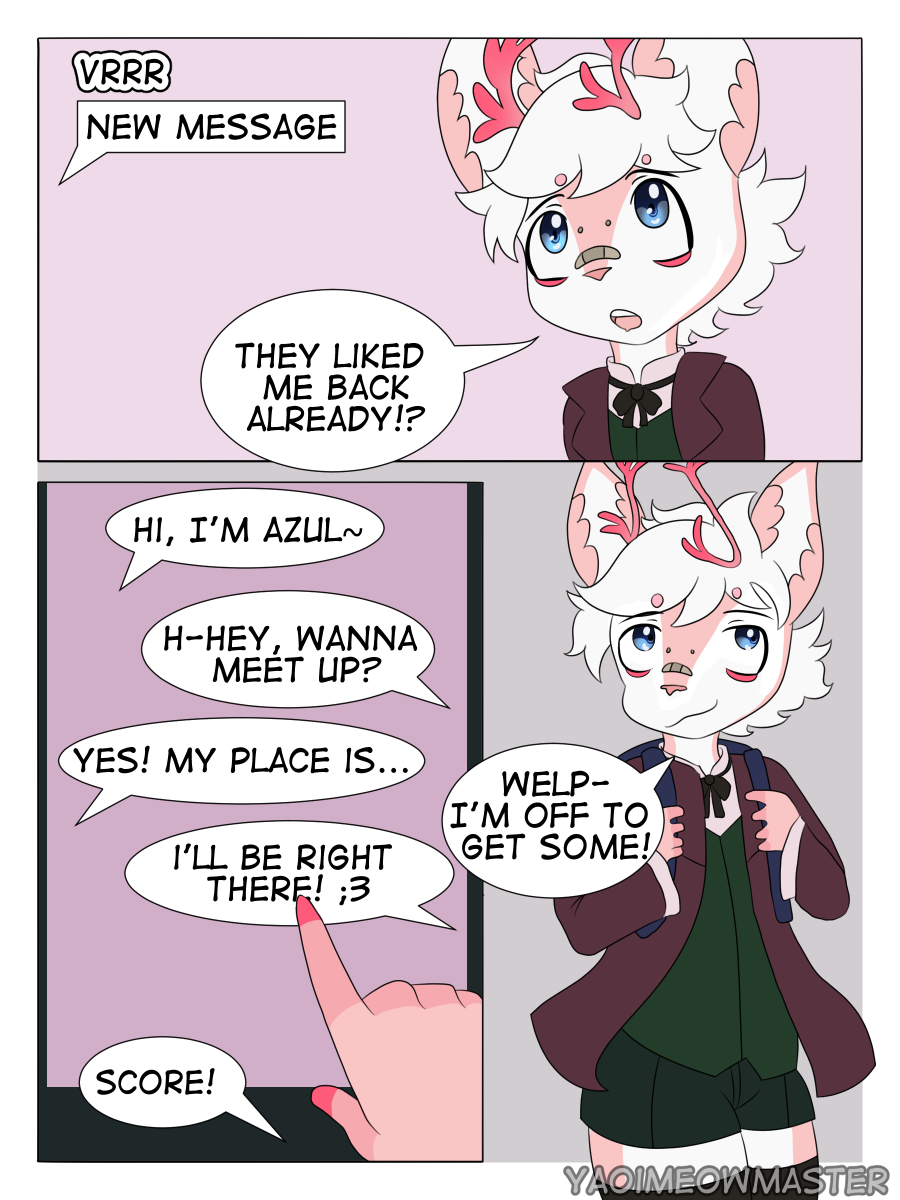 2018 alistair_cherrywood_(blossom) antlers bandage blue_eyes bow_tie cervine clothed clothing comic dialogue english_text fur girly hair horn male mammal multicolored_fur open_mouth pink_fur smile text two_tone_fur white_fur white_hair yaoimeowmaster