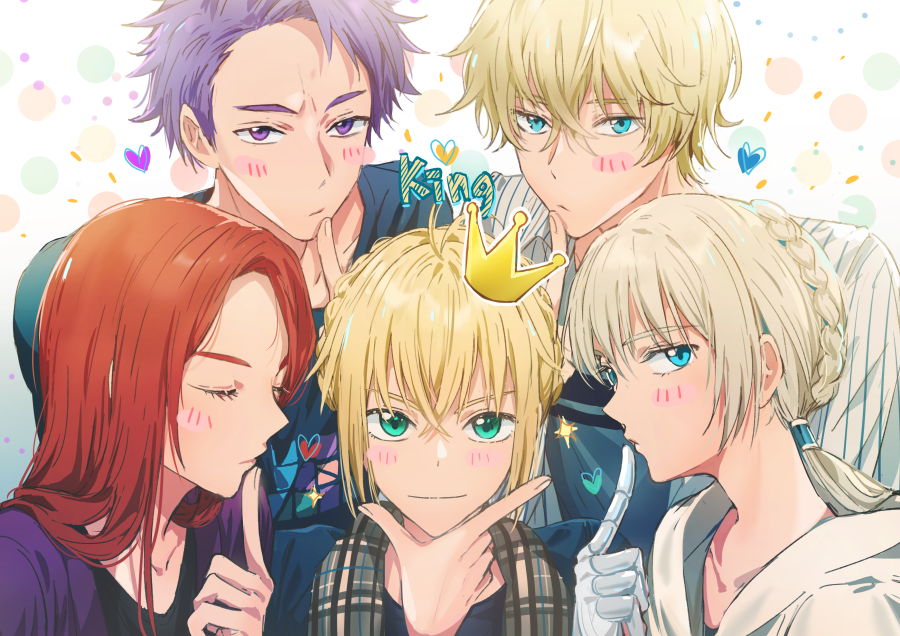 1girl 4boys ahoge alternate_costume artoria_pendragon_(all) bedivere blonde_hair blue_eyes blue_shirt blush braid casual closed_mouth crown dangmill eyebrows_visible_through_hair eyes_closed fate/grand_order fate_(series) finger_gun finger_to_mouth gawain_(fate/grand_order) green_eyes hair_bun heart hood hoodie knights_of_the_round_table_(fate) lancelot_(fate/grand_order) long_hair multiple_boys patterned_background plaid plaid_scarf purple_eyes purple_hair purple_shirt red_hair saber scarf shirt short_hair sparkle striped_jacket tristan_(fate/grand_order) white_background