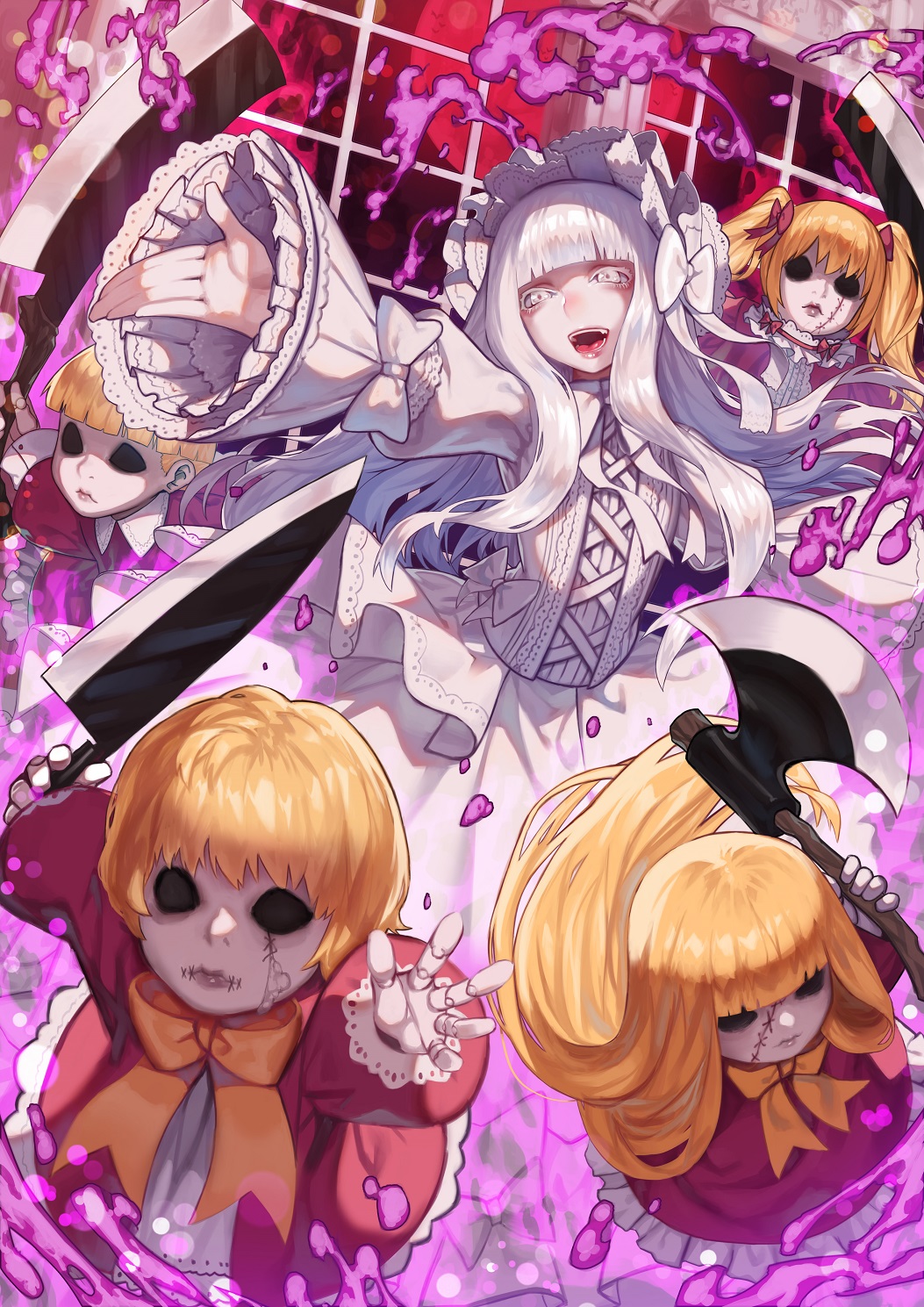 axe bangs blunt_bangs bow butcher_knife closed_mouth commentary_request doku-chan_(dokkudokudoku) doll doll_joints dress fantasy gothic_lolita hair_ribbon highres holding holding_axe holding_knife hollow_eyes knife lips lolita_fashion long_hair long_sleeves multiple_girls neck_ribbon open_mouth orange_ribbon original red_dress red_ribbon ribbon solo_focus stick stitched_mouth stitches teeth tongue tongue_out twintails very_long_hair white_bow white_dress white_eyes white_headdress
