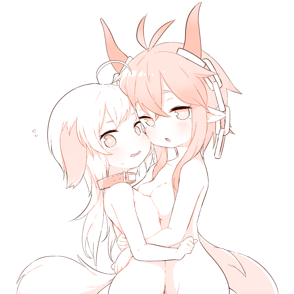 2girls ahoge animal_ears arms_around_waist asymmetrical_docking blush breast_press breasts collar dog_ears dog_tail done_(donezumi) female horns multiple_girls nude original pointy_ears small_breasts tail titi-chan_(nezumi_inu)