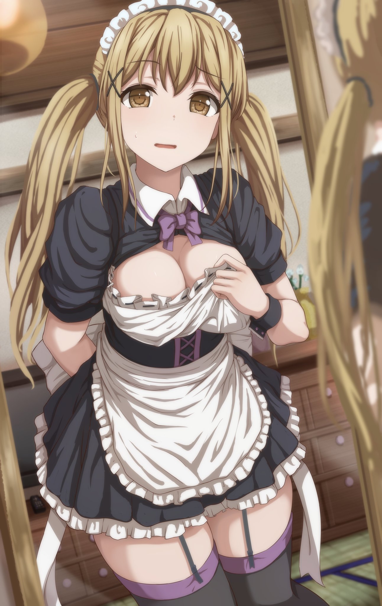 apron arm_behind_back bang_dream! bangs black_legwear black_skirt blonde_hair blurry blurry_foreground bow bowtie breasts brown_eyes cleavage commentary_request controller cowboy_shot depth_of_field drawer dutch_angle eyebrows_visible_through_hair flower frilled_skirt frills garter_straps hair_ornament highres ichigaya_arisa indoors long_hair looking_at_mirror looking_at_viewer maid maid_apron maid_headdress medium_breasts miniskirt mirror narafume parted_lips purple_neckwear reflection remote_control ribbon_trim shirt_tug short_sleeves sidelocks skirt solo sweatdrop television thighhighs twintails vase white_apron white_bow white_flower wing_collar wrist_cuffs x_hair_ornament zettai_ryouiki