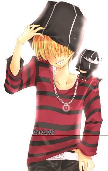 belphegor_(reborn) belt blonde_hair grin hair_over_eyes hat jewelry katekyo_hitman_reborn! looking_at_viewer male_focus mammon_(reborn) misteor multiple_boys necklace shirt short_hair smile striped striped_shirt tiara