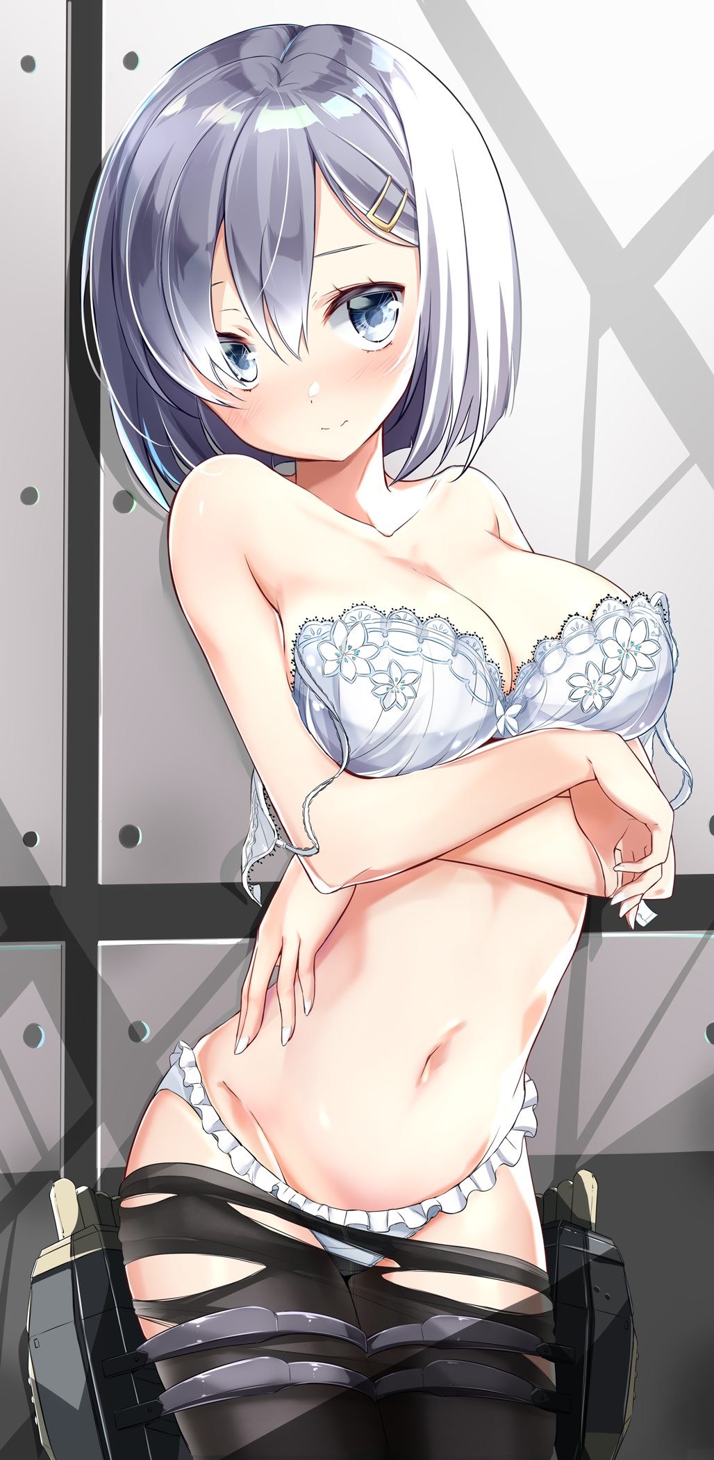 bangs black_legwear blue_eyes blush bra breast_hold breasts cleavage closed_mouth collarbone commentary_request cowboy_shot eyebrows_behind_hair frilled_bra frilled_panties frills groin hair_between_eyes hair_ornament hair_over_one_eye hairclip hamakaze_(kantai_collection) highres kantai_collection kengorou_saemon_ii_sei large_breasts lingerie looking_at_viewer machinery navel panties pantyhose short_hair silver_hair smile solo standing thighs torn_clothes torn_legwear torpedo_tubes underwear undressing white_bra white_panties