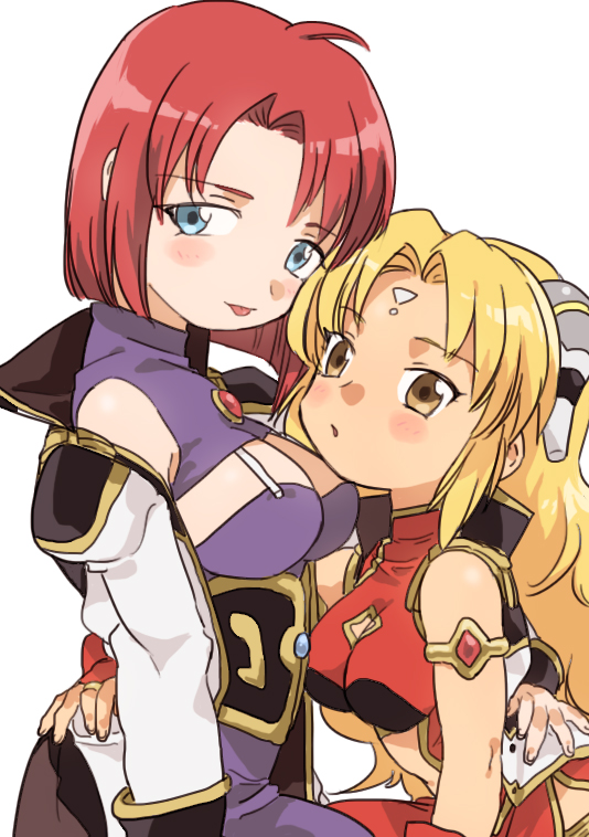 arm_around_waist armlet bare_arms blonde_hair blue_eyes blush breasts brown_eyes china_dress chinese_clothes cleavage dress facial_mark forehead_mark forte_stollen galaxy_angel hair_ornament hakinikui_kutsu_no_mise large_breasts long_hair long_sleeves medium_breasts multiple_girls off_shoulder ranpha_franboise red_hair short_hair simple_background smile white_background yuri