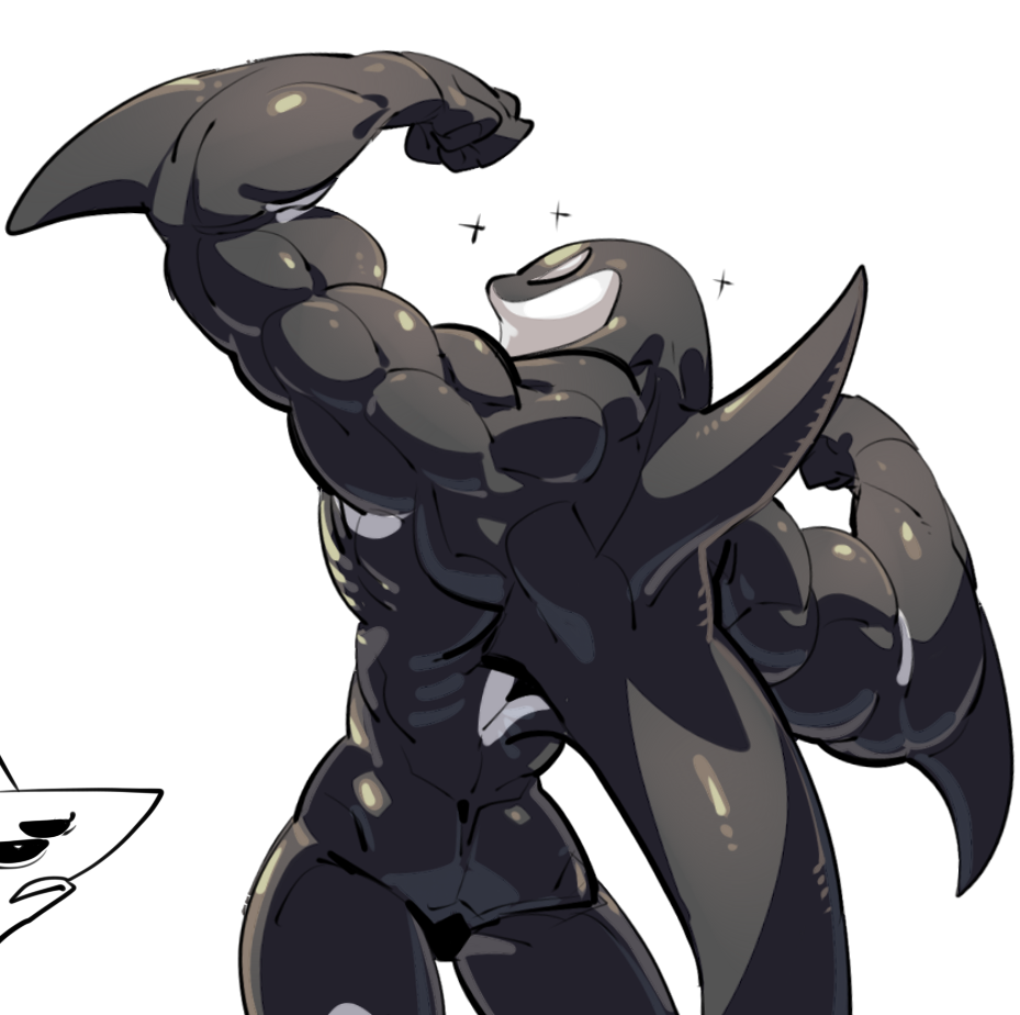 anthro cetacean flexing male mammal marine muscular muscular_male orca sido魂 simple_background smile solo standing whale