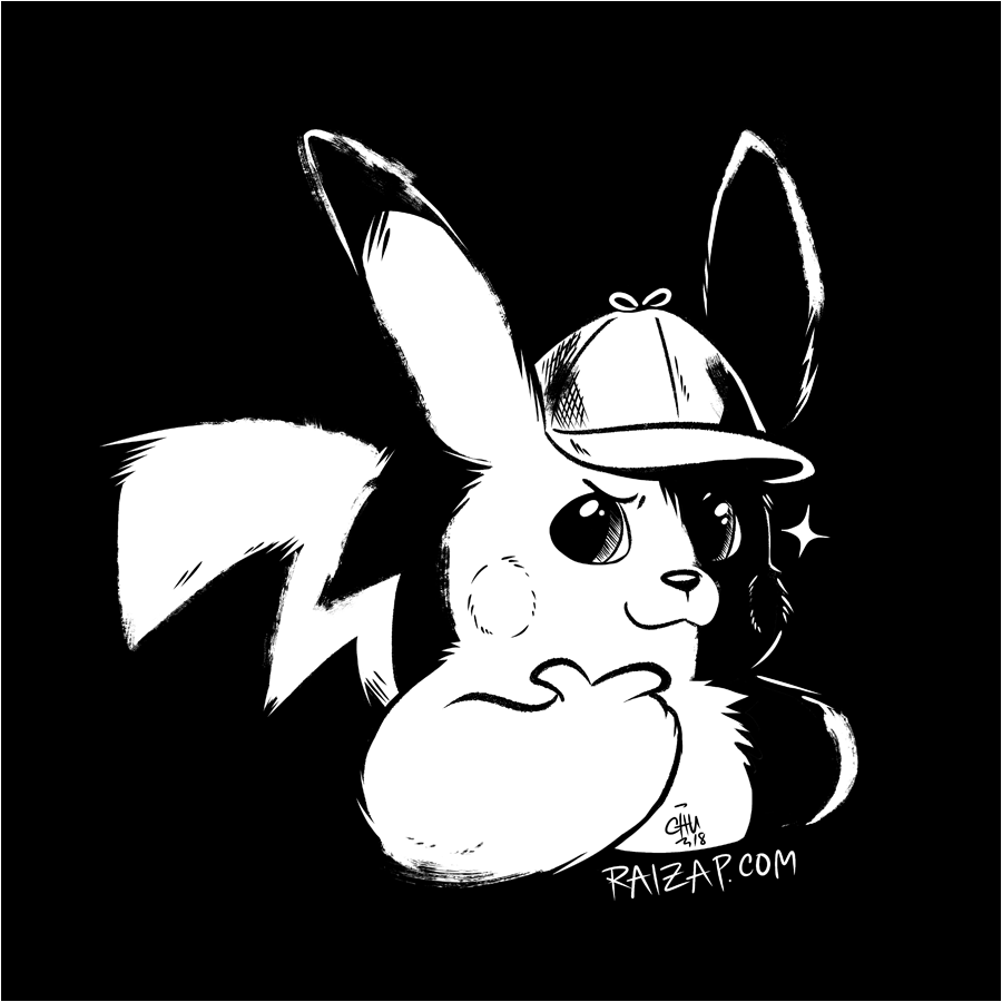 2018 black_and_white black_background deerstalker_hat detective_pikachu digital_drawing_(artwork) digital_media_(artwork) dipstick_ears fur hat monochrome nintendo pikachu pok&eacute;mon pok&eacute;mon:_detective_pikachu pok&eacute;mon_(species) signature simple_background smile solo sparkle the-chu url video_games