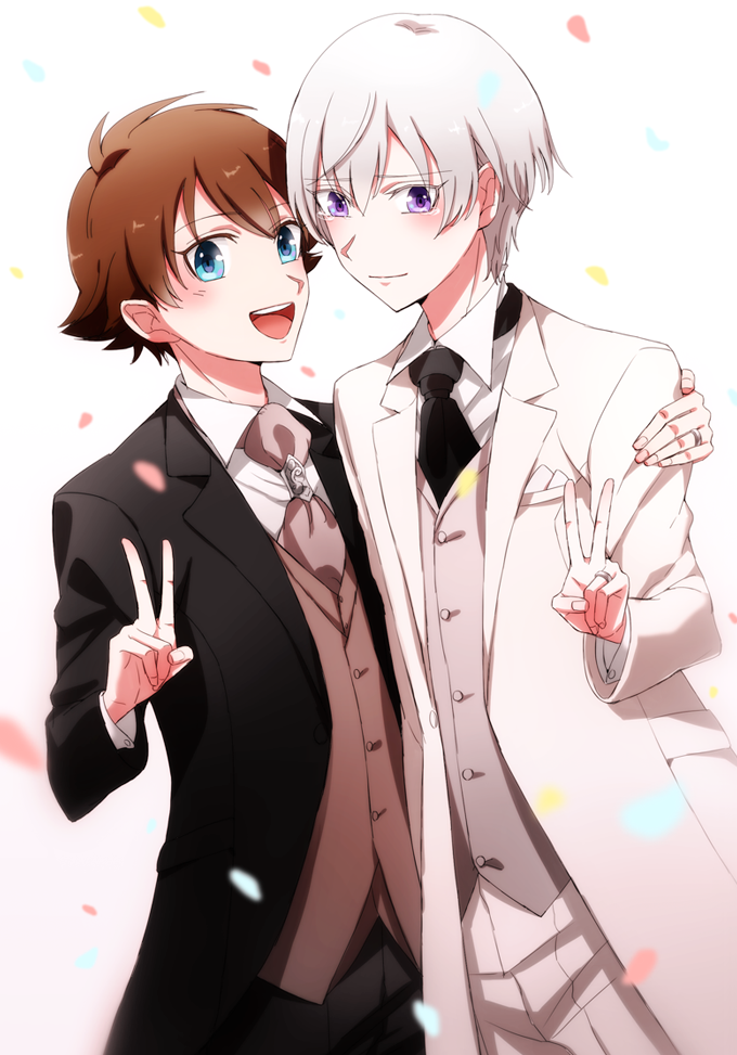 10s 2boys :d black_jacket blue_eyes blush brown_hair closed_mouth confetti couple formal hand_up happy highres husband_and_husband jacket jewelry kakumeiki_valvrave l-elf looking_at_viewer male_focus multiple_boys necktie open_mouth purple_eyes ring round_teeth sana423 short_hair side-by-side silver_hair smile suit tears teeth tokishima_haruto upper_teeth v wedding_band wedding_ring white_jacket yaoi