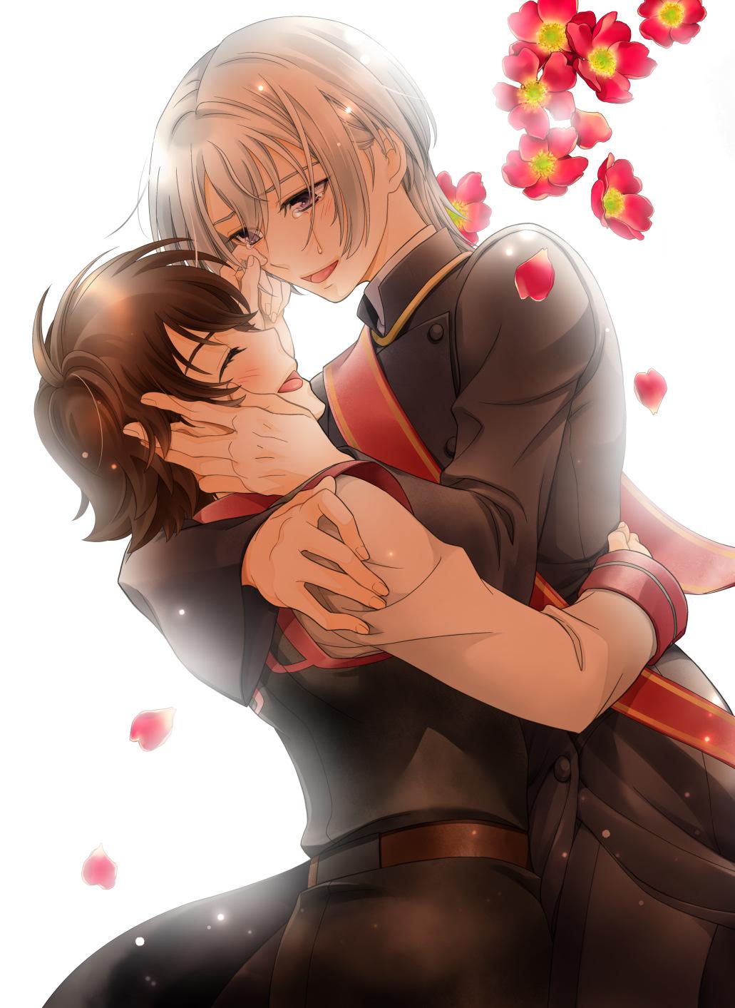 10s 2boys :d black_jacket blush brown_hair couple eyes_closed flower hair_between_eyes happy head_down highres hug jacket kakumeiki_valvrave l-elf leaning leaning_back long_sleeves looking_at_another looking_down male_focus multiple_boys neck open_mouth petals purple_eyes red_flower short_hair silver_hair simple_background sm_chika smile standing tears tokishima_haruto uniform white_background yaoi