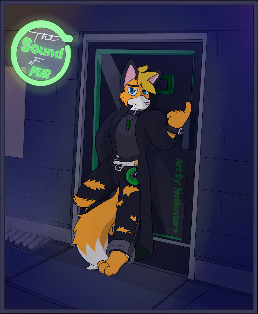 2018 alley anthro belt canine cd city clothed clothing digital_media_(artwork) door flash_drive fluffy fox fur hair hi_res male mammal neon notkastar outside pants shirt smile solo standing steam street torn_clothing torn_pants