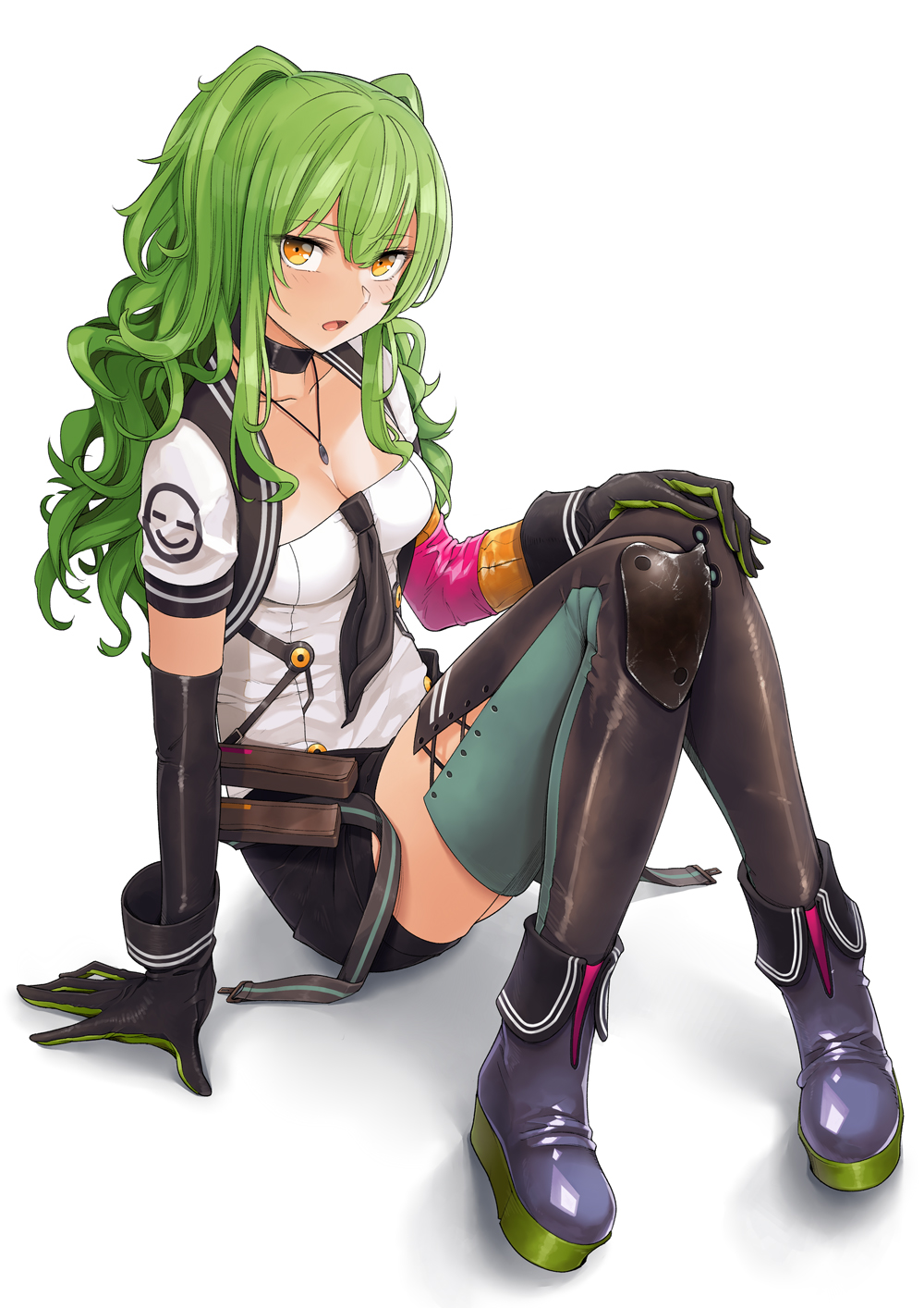 boots breasts cleavage dsf eyebrows_visible_through_hair girls_frontline gloves green_hair hair_down hair_intakes highres knees_together_feet_apart looking_at_viewer m950a_(girls_frontline) open_mouth platform_footwear sitting thighs wavy_hair white_background yellow_eyes