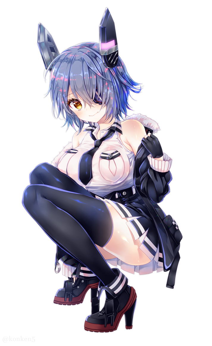 armpit_crease ass bangs bare_shoulders belt black_footwear black_gloves black_jacket black_legwear black_neckwear black_skirt blue_hair blush breasts closed_mouth collared_shirt eyepatch fur-trimmed_jacket fur_trim gloves headgear high_heels jacket kantai_collection konno_kengo large_breasts long_sleeves looking_at_viewer miniskirt necktie off_shoulder open_clothes open_jacket partly_fingerless_gloves pleated_skirt remodel_(kantai_collection) shirt shirt_tucked_in short_hair simple_background skirt sleeveless sleeveless_shirt smile solo squatting tenryuu_(kantai_collection) thighhighs white_background white_shirt yellow_eyes