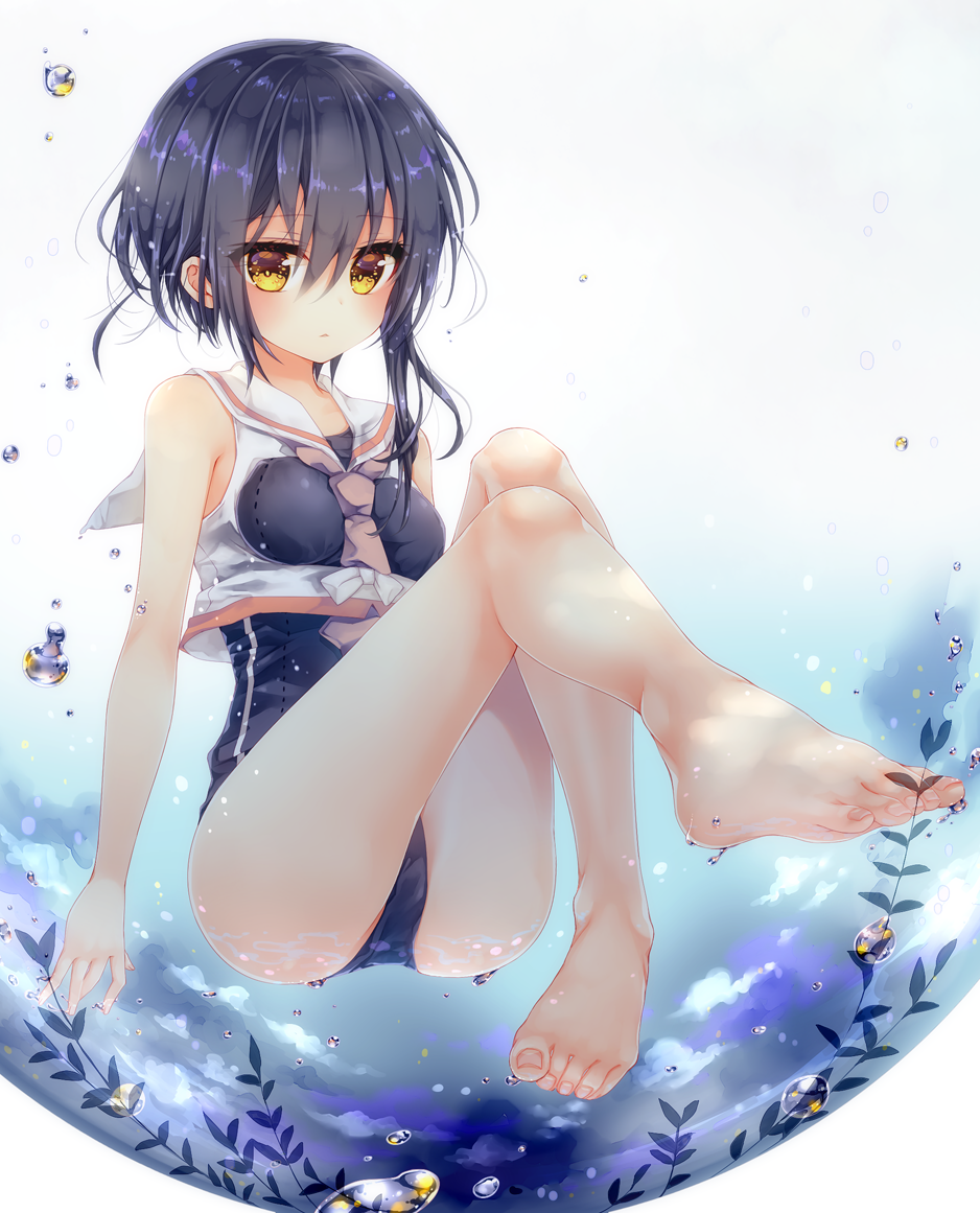 air_bubble ass asymmetrical_hair bangs bare_arms bare_legs bare_shoulders barefoot between_breasts black_hair breasts brown_neckwear bubble closed_mouth crop_top expressionless eyebrows_visible_through_hair framed_breasts full_body hair_between_eyes i-14_(kantai_collection) kantai_collection knees_up konno_kengo leg_up looking_at_viewer necktie one-piece_swimsuit sailor_collar school_swimsuit shirt short_hair sidelocks sleeveless sleeveless_shirt small_breasts solo swimsuit thighs water white_sailor_collar white_shirt yellow_eyes