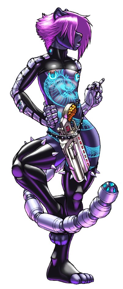 2018 cigarette cybernetics cyborg feline future gideon gun hair leaning leather machine male mammal neon panther partial_nudity pose ranged_weapon short_hair simple_background solo spikes tattoo weapon