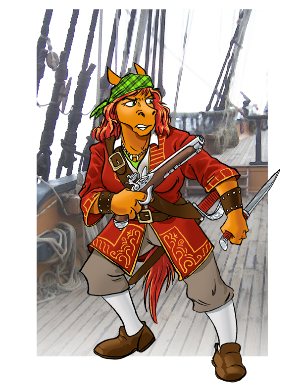 2018 anthro bad_trigger_discipline bandanna border breasts clothing coat dual_wielding equine flintlock footwear green_eyes hair holding_object holding_weapon horse jewelry knife mammal melee_weapon necklace pants pirate rabbi-tom red_hair red_shetland scabbard shetland ship shoes solo sword vehicle weapon white_border