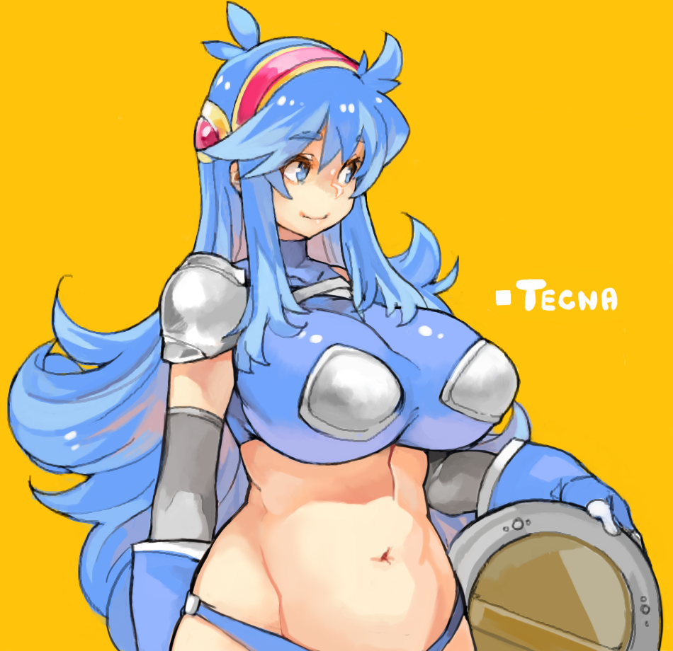 blue_eyes blue_hair borrowed_character breasts commentary_request hairband huge_breasts impossible_clothes impossible_shirt large_breasts long_hair navel original sachito shield shirt solo tecna