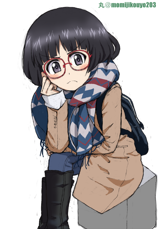 1girl artist_name backpack bag bangs bespectacled black_eyes black_footwear black_hair blue_pants blunt_bangs bob_cut boots brown_coat chin_rest closed_mouth coat commentary_request denim elbow_rest eyebrows_visible_through_hair fringe_trim frown girls_und_panzer glasses jeans kayabakoro knee_boots legs_crossed light_blush long_sleeves looking_at_viewer multicolored multicolored_clothes multicolored_scarf pants partial_commentary red-framed_eyewear scarf shirt short_hair simple_background sitting sketch solo sono_midoriko twitter_username v-shaped_eyebrows white_background white_shirt winter_clothes