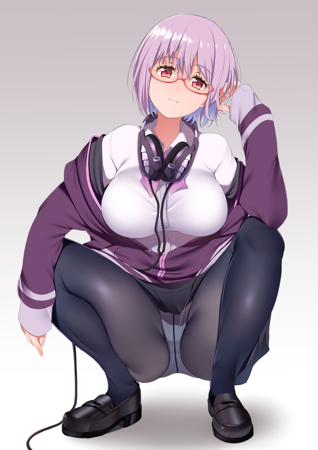 1girl bangs black_footwear black_legwear black_skirt blush bow breasts collared_shirt eyebrows_visible_through_hair full_body hand_up headphones headphones_around_neck highres jacket kippuru large_breasts lavender_hair long_sleeves looking_at_viewer off_shoulder panties pantyhose pantyshot pantyshot_(squatting) purple_jacket red_eyes school_uniform shinjou_akane shirt shoes short_hair simple_background skirt solo squatting ssss.gridman underwear white_panties white_shirt