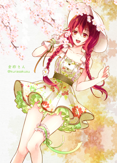 1girl :d braid collarbone dress eyebrows_visible_through_hair floating_hair floral_print free! green_dress green_ribbon hair_between_eyes hat layered_dress long_hair matsuoka_gou momoko_(momoko14) open_mouth print_dress red_eyes red_hair ribbon short_dress sleeveless sleeveless_dress smile solo sun_hat thigh_strap twin_braids twitter_username very_long_hair white_hat wrist_cuffs