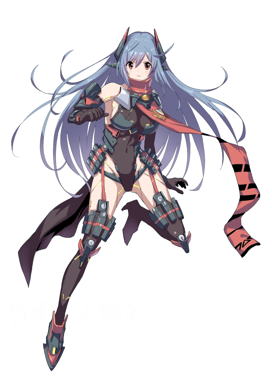 1girl android armored_boots bangs boots breasts cleavage closed_mouth commentary_request eyebrows_visible_through_hair full_body green322 hana_(xenoblade) hana_jd highres honey_strap horns leotard long_hair long_sleeves nintendo pointy_ears purple_eyes silver_hair simple_background skirt smile solo thighhighs white_background xenoblade_(series) xenoblade_2