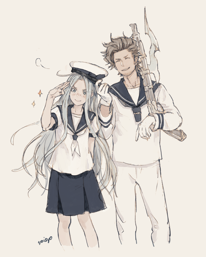 1boy 1girl ahoge artist_name bayonet black_skirt blue_eyes blue_hair blush brown_hair eyes_closed facial_hair facing_viewer gloves granblue_fantasy gun hat holding holding_gun holding_weapon long_hair looking_at_viewer lyria_(granblue_fantasy) pants rackam_(granblue_fantasy) sailor sailor_collar sailor_hat school_uniform serafuku shirt simple_background skirt smile standing stubble very_long_hair weapon white_background white_gloves white_pants white_shirt yoisho_(yoisyoisyo)